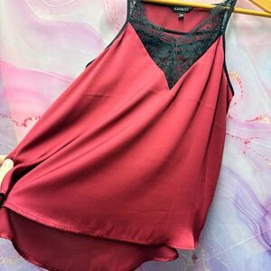 Express M Satin Flowy Crimson Maroon Black Lace Sleeveless Blouse Romantic Chic